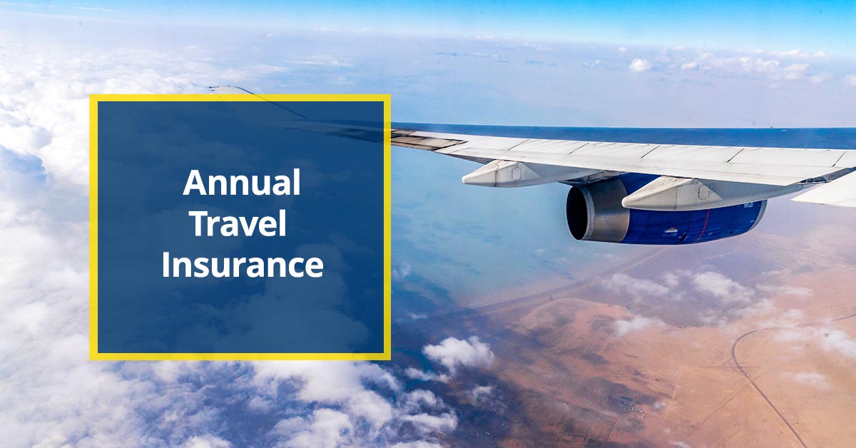 Annual Travel Insurance text over a view from a flying airplane